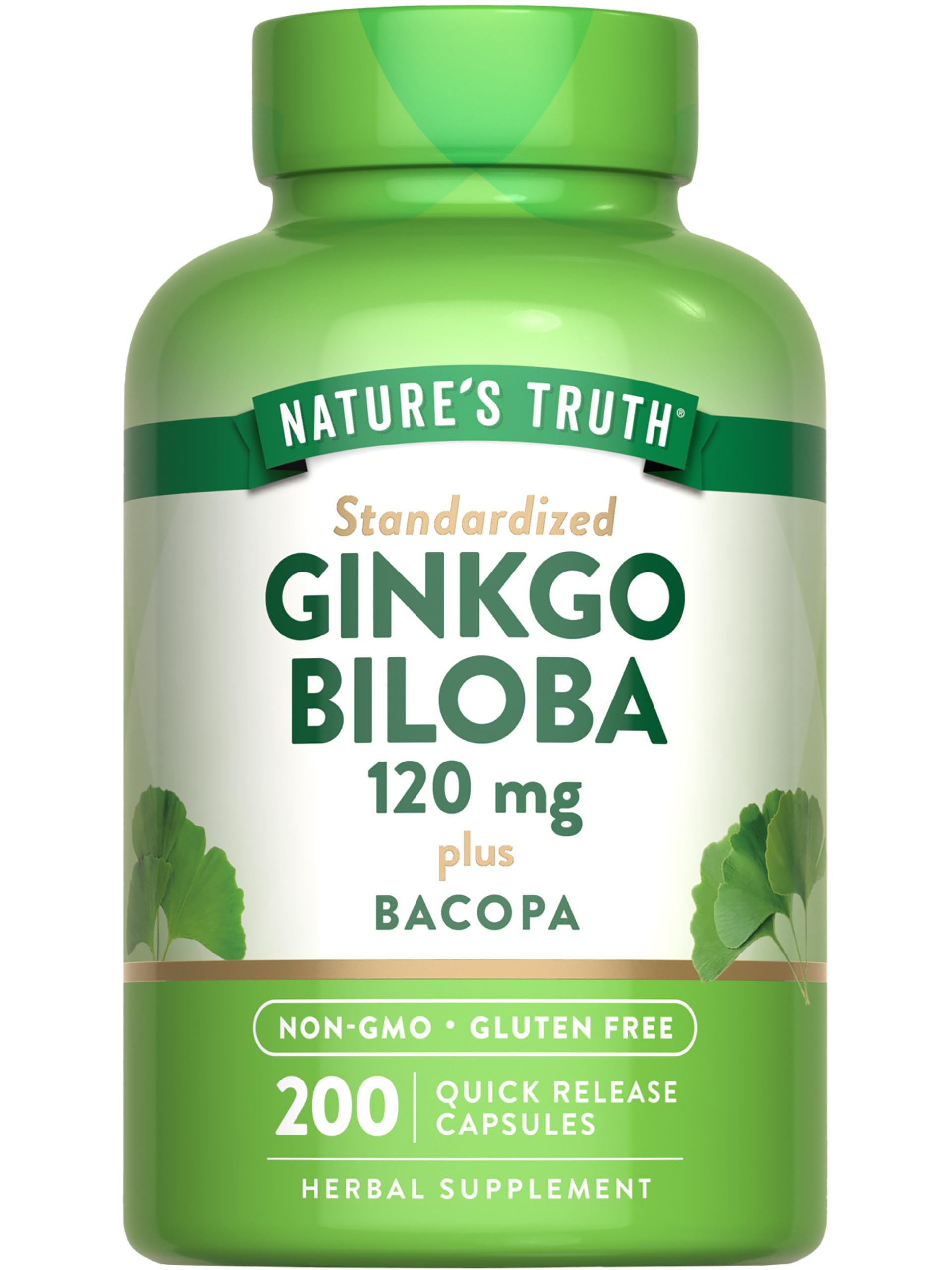 Bottle of Nature's Truth Ginkgo Biloba 120mg with Bacopa, 200 quick-release capsules