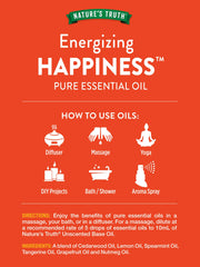 Close-up of Happiness Essential Oil label