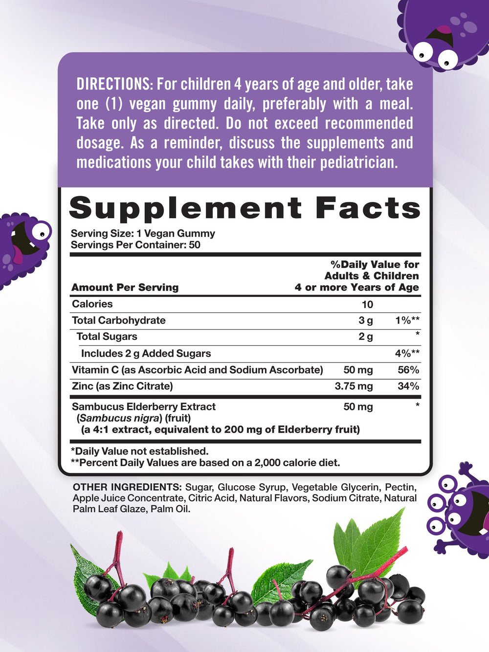 Close-up of bottle label showing elderberry, vitamin C and zinc for kids