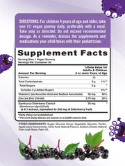 Close-up of bottle label showing elderberry, vitamin C and zinc for kids