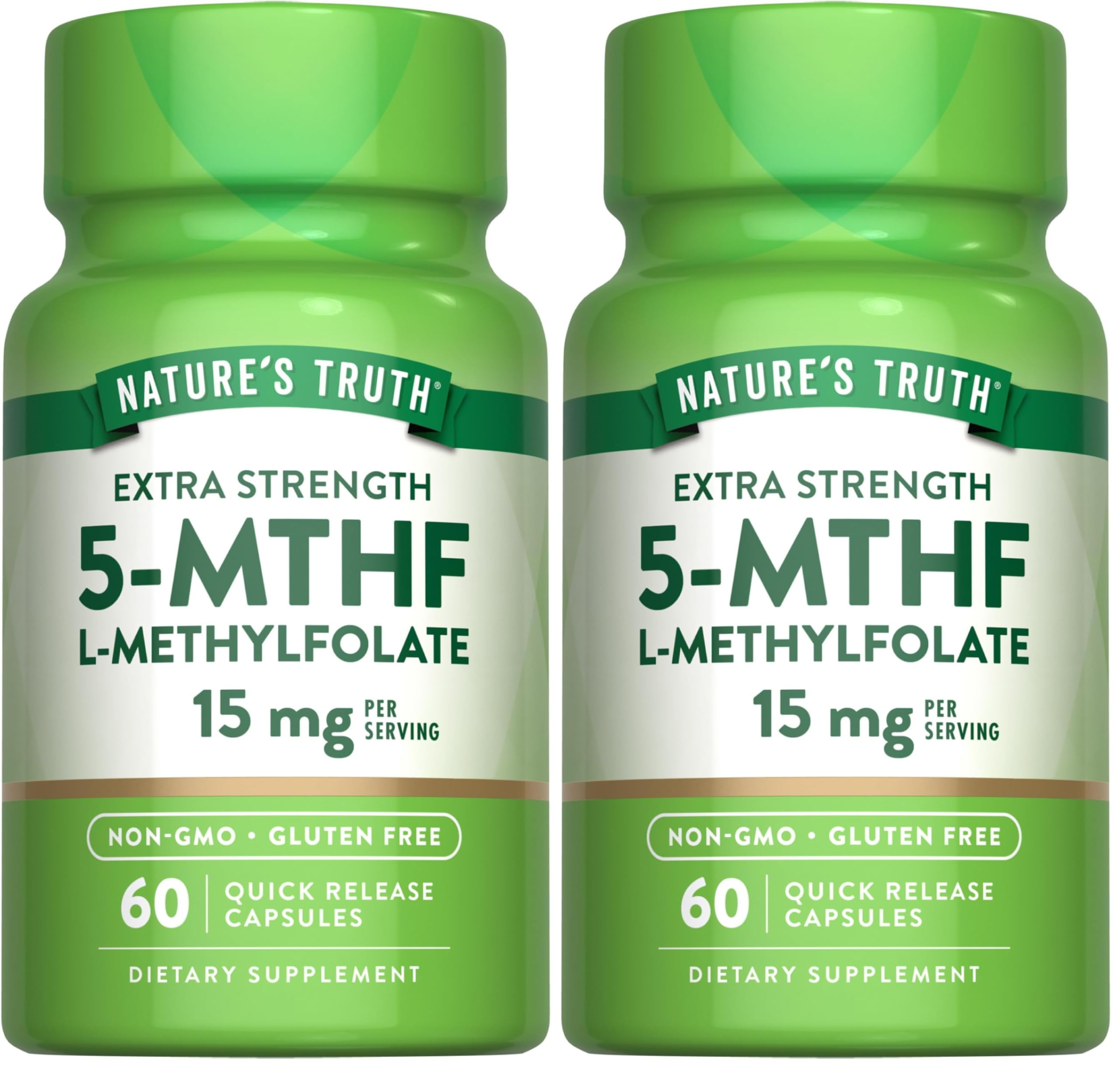 Front view of Nature's Truth L-Methylfolate 15mg 60-capsule bottle and packaging.