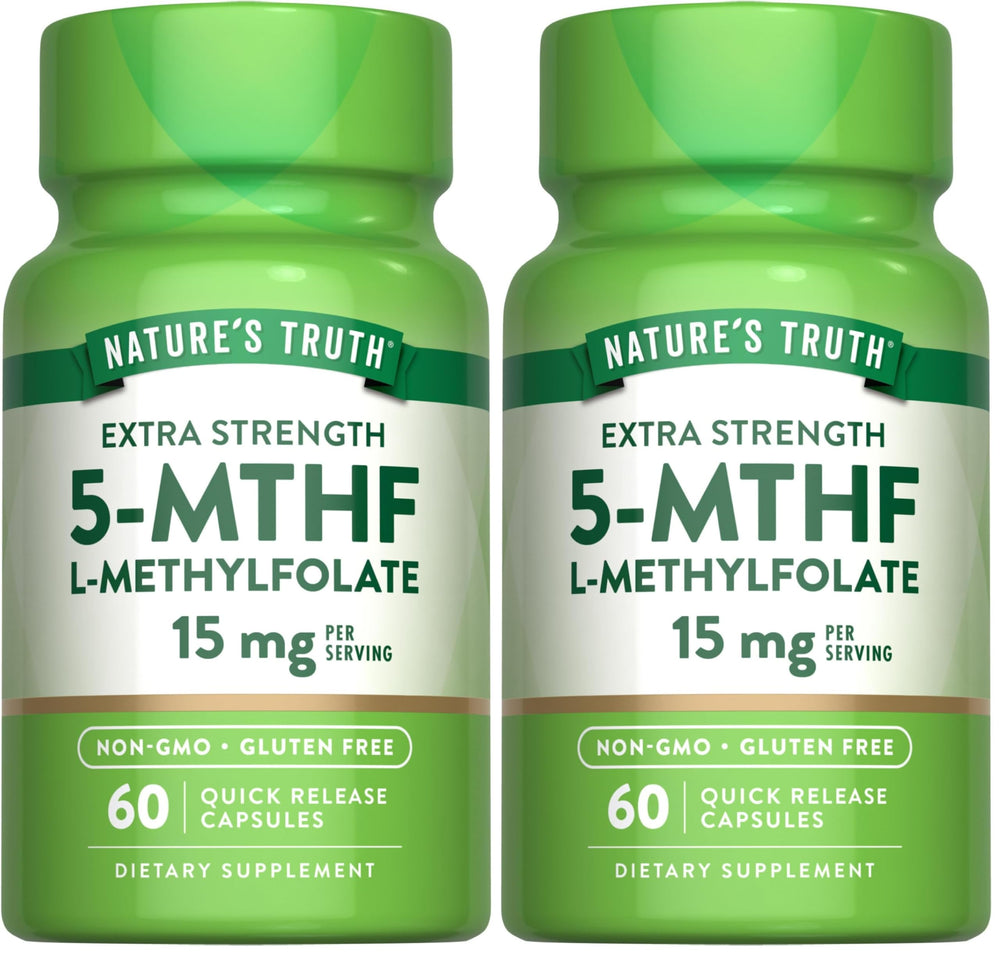 Front view of Nature's Truth L-Methylfolate 15mg 60-capsule bottle and packaging.
