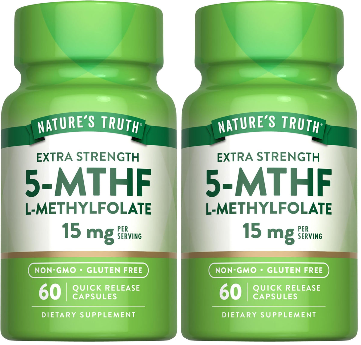 Front view of Nature's Truth L-Methylfolate 15mg 60-capsule bottle and packaging.