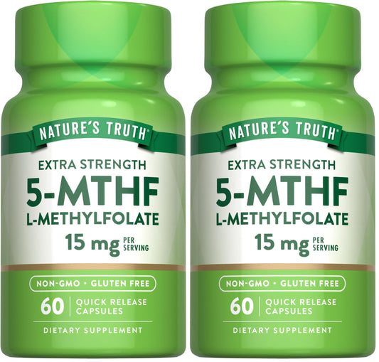 Front view of Nature's Truth L-Methylfolate 15mg 60-capsule bottle and packaging.