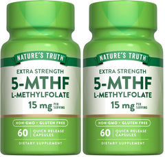 Front view of Nature's Truth L-Methylfolate 15mg 60-capsule bottle and packaging.