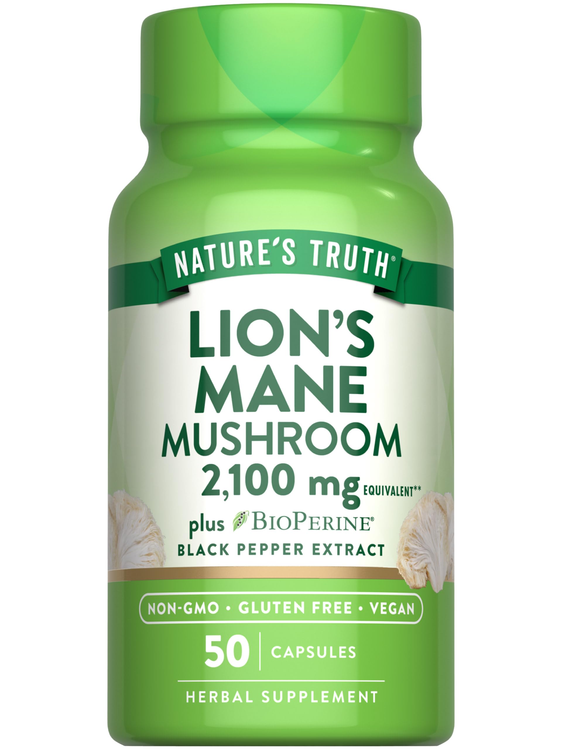 Nature's Truth Lions Mane supplement bottle displaying 2100 mg per serving