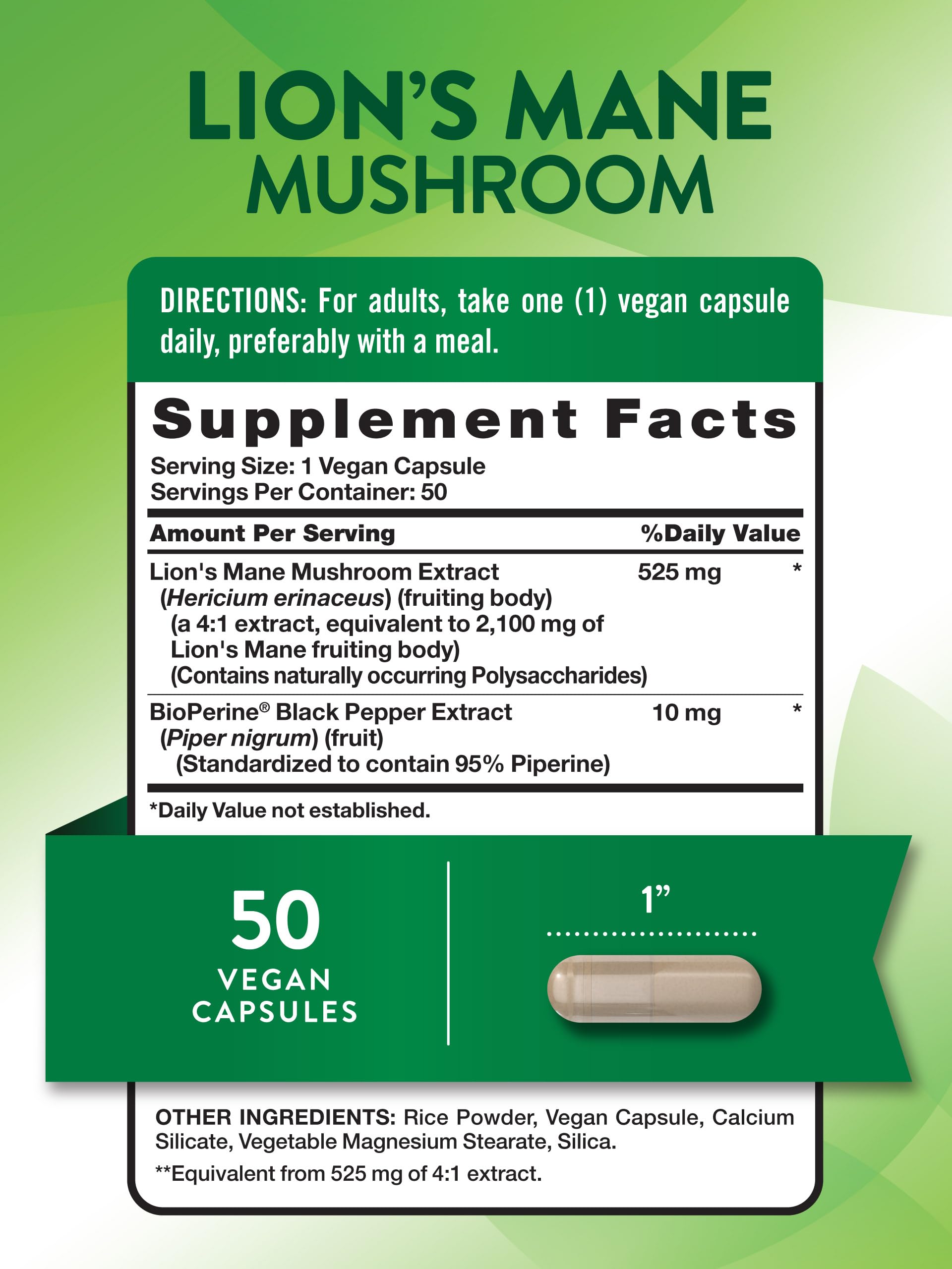 Close-up of Lions Mane capsules showing vegan capsules