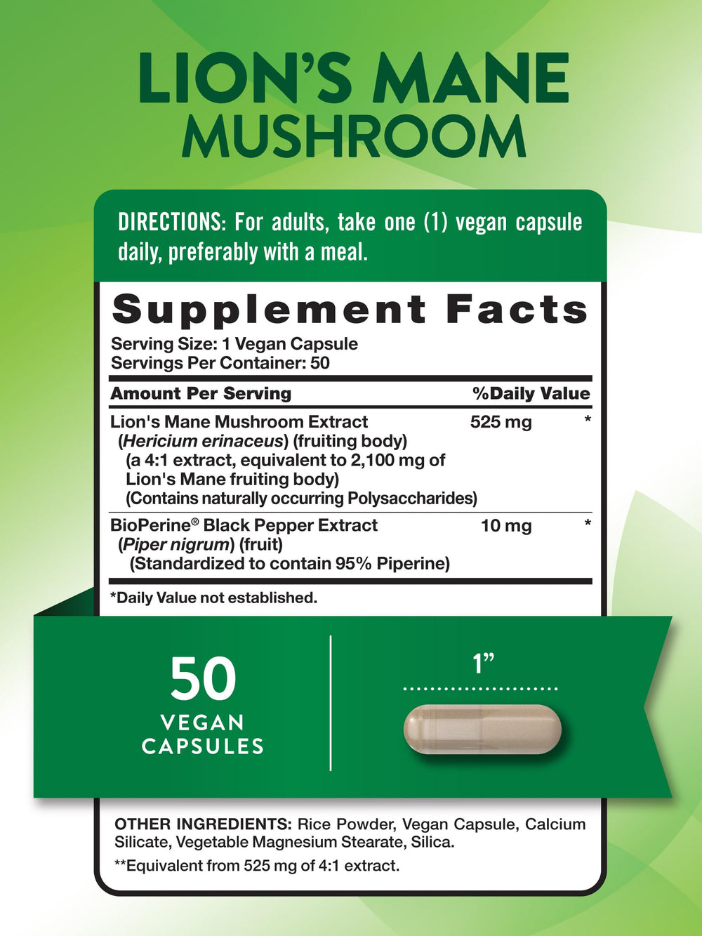 Close-up of Lions Mane capsules showing vegan capsules