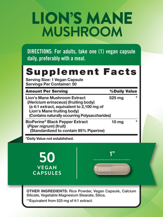 Close-up of Lions Mane capsules showing vegan capsules