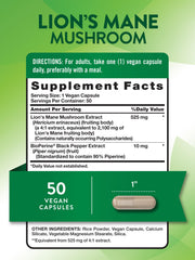 Close-up of Lions Mane capsules showing vegan capsules