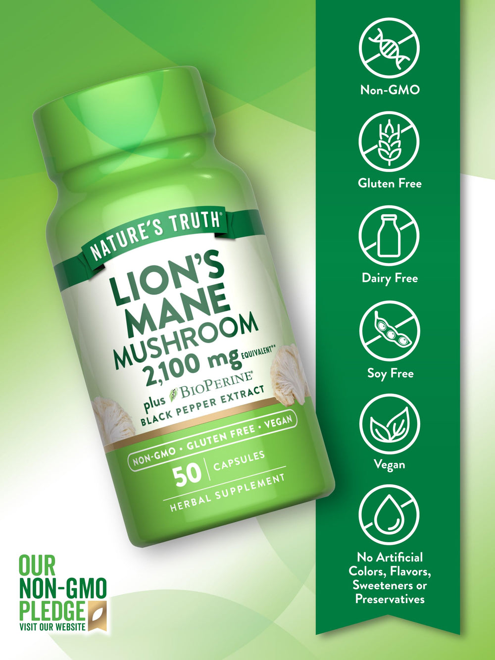 Back of Nature's Truth Lions Mane bottle highlighting non-GMO and gluten-free