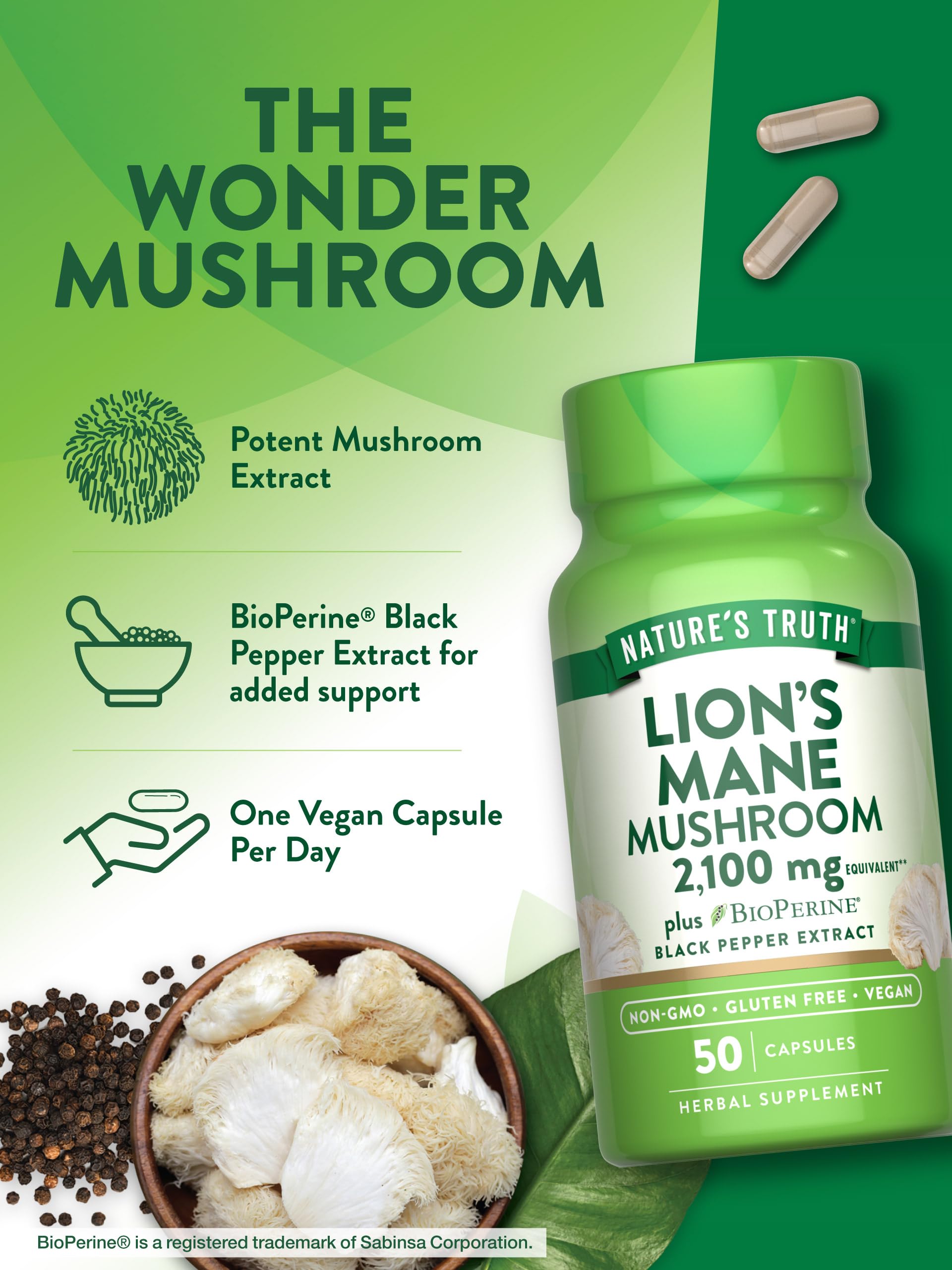 Nutrition facts panel for Nature's Truth Lions Mane 2100mg supplement