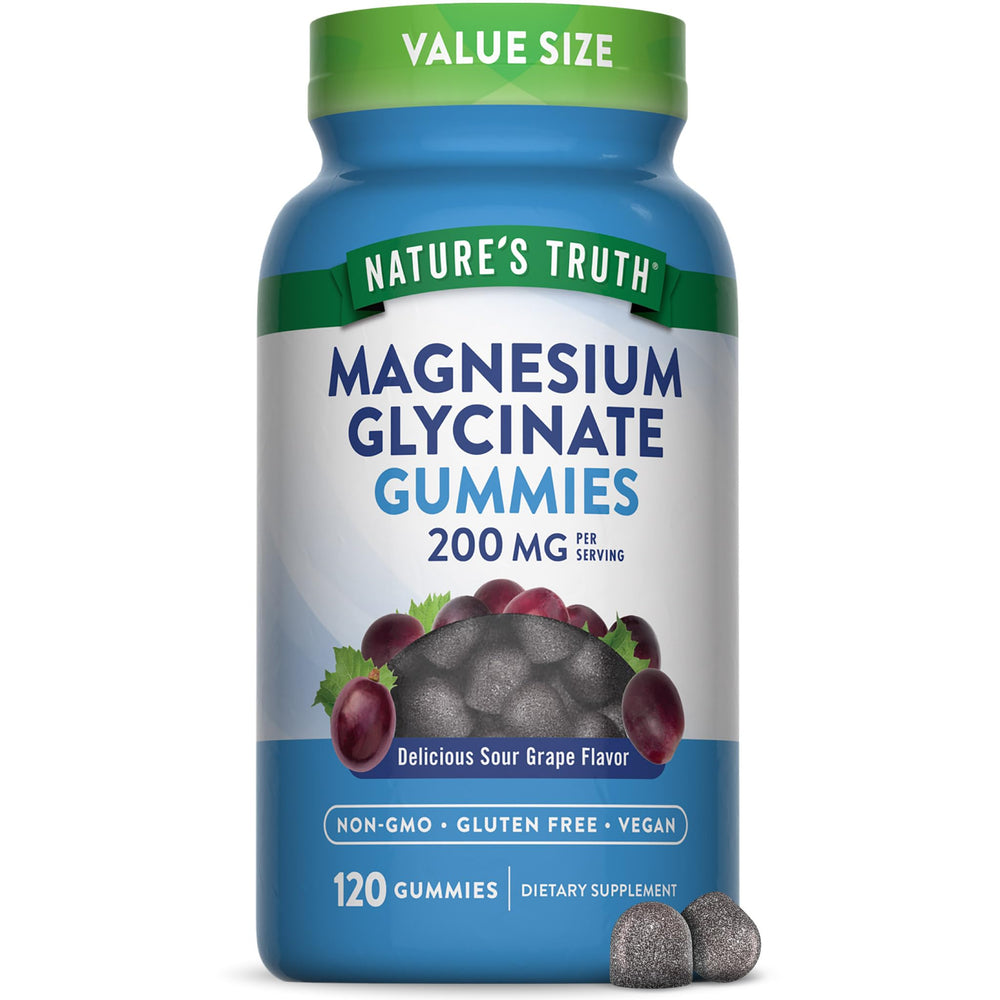 Bottle of Nature's Truth Magnesium Glycinate Gummies for adults, grape flavor, 120 count