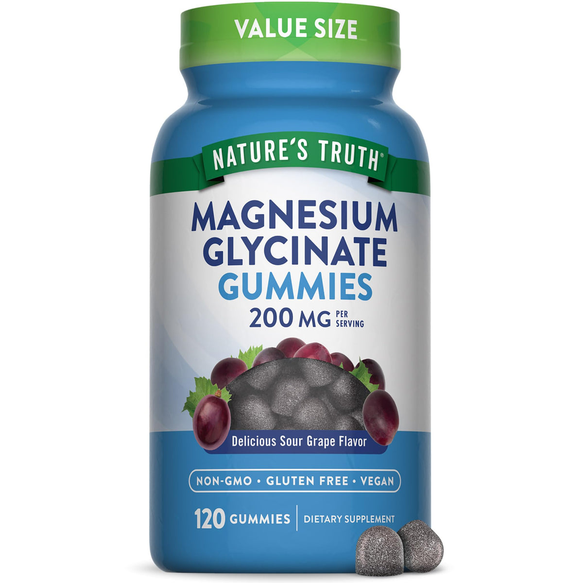 Bottle of Nature's Truth Magnesium Glycinate Gummies for adults, grape flavor, 120 count