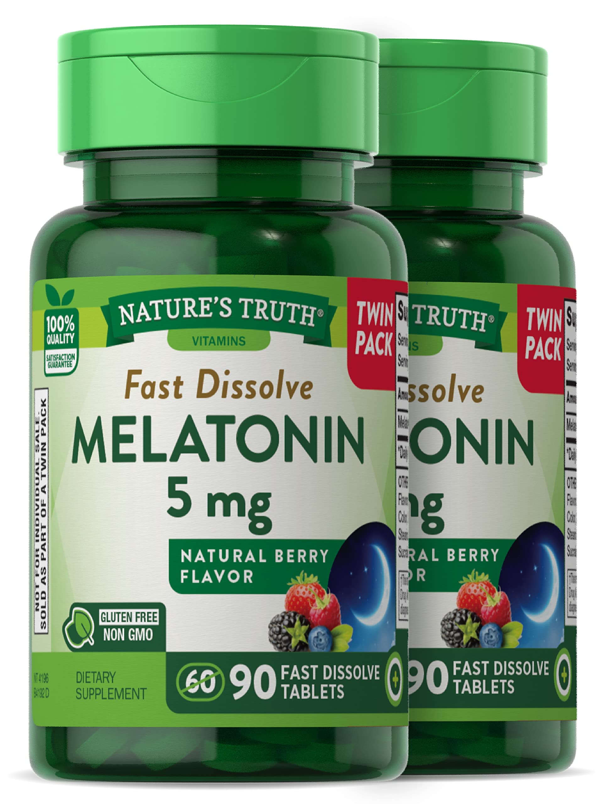 Nature's Truth Melatonin 5 mg fast-dissolve berry twin pack bottle on white background