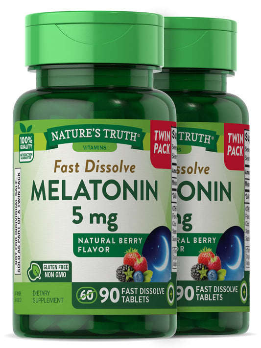 Nature's Truth Melatonin 5 mg fast-dissolve berry twin pack bottle on white background