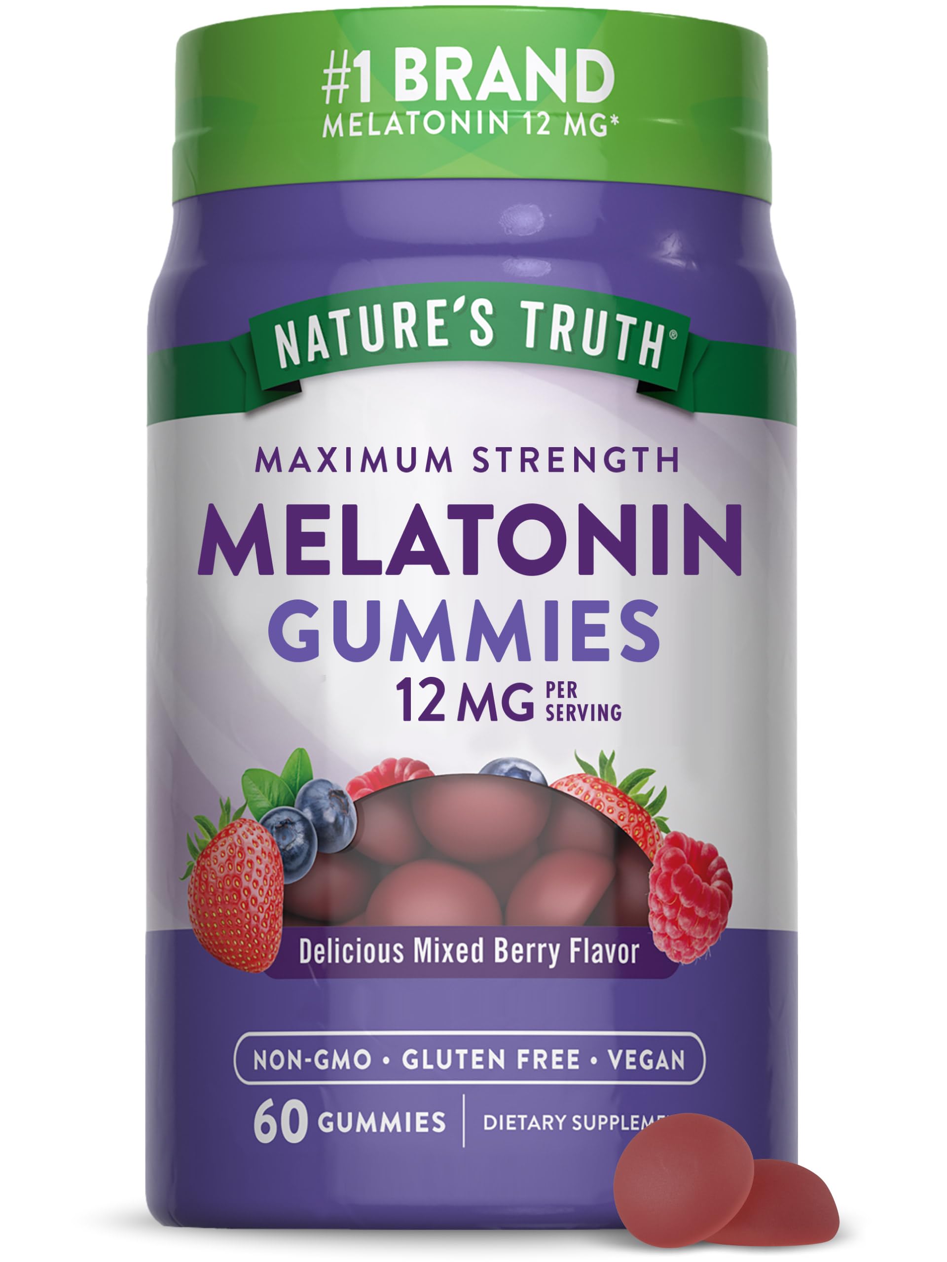 Front view of Nature's Truth Melatonin Gummies 12 mg Mixed Berry bottle