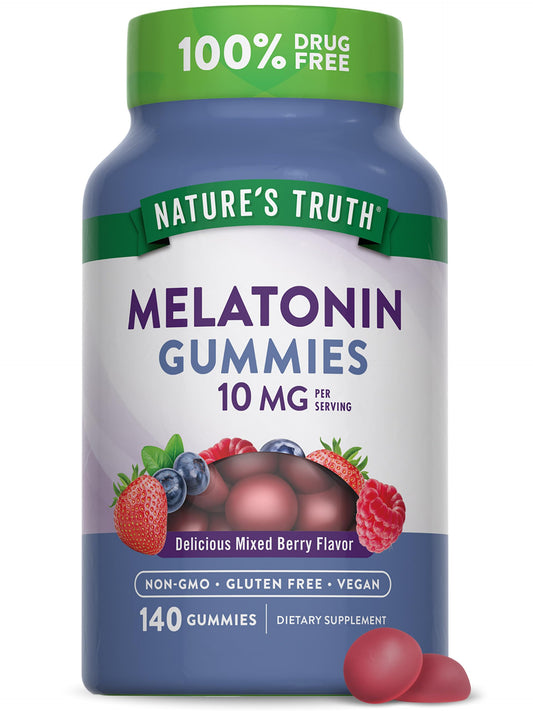 Nature's Truth Melatonin Gummies bottle label - 10 mg Berry Flavor, 140 count