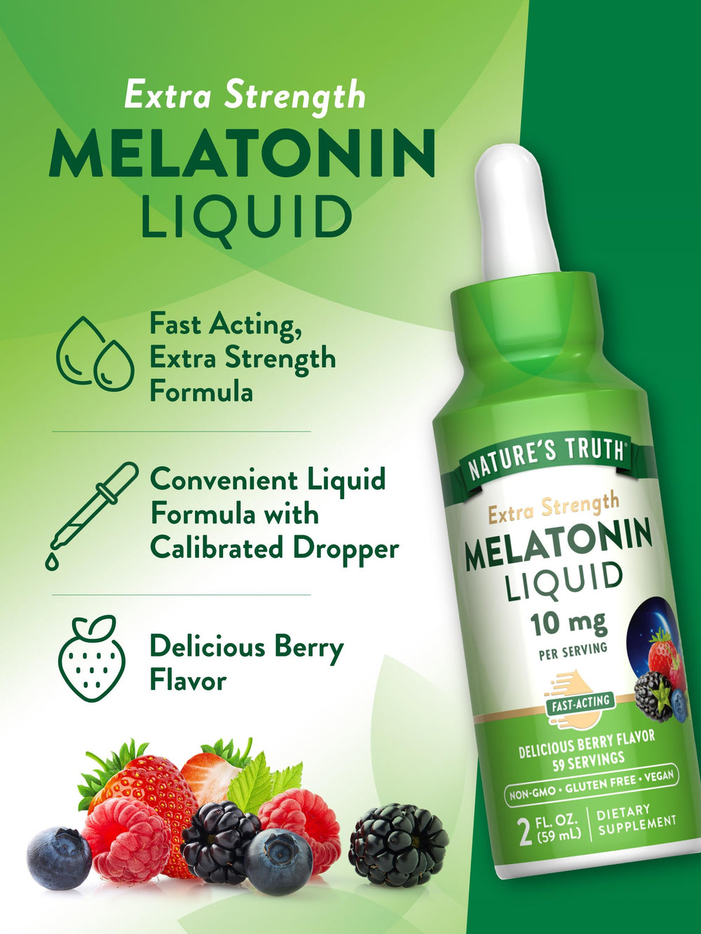 Back panel of Nature's Truth Melatonin Liquid showing ingredients and non-GMO statement