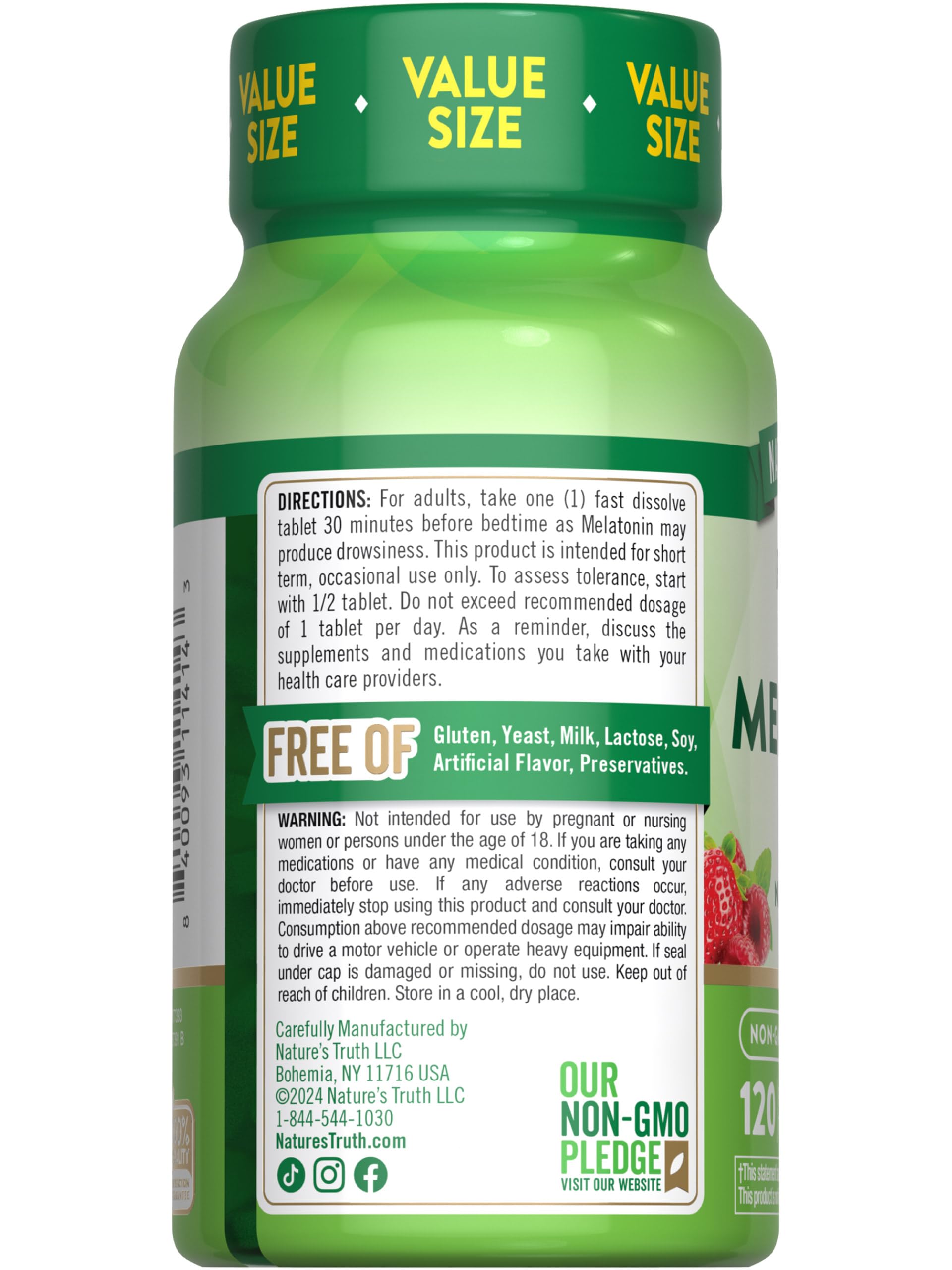 Bottle front and back view of Nature's Truth Melatonin Tablets