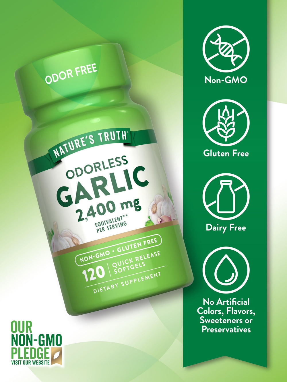 Box and bottle packaging for Nature's Truth Odorless Garlic 2400 mg