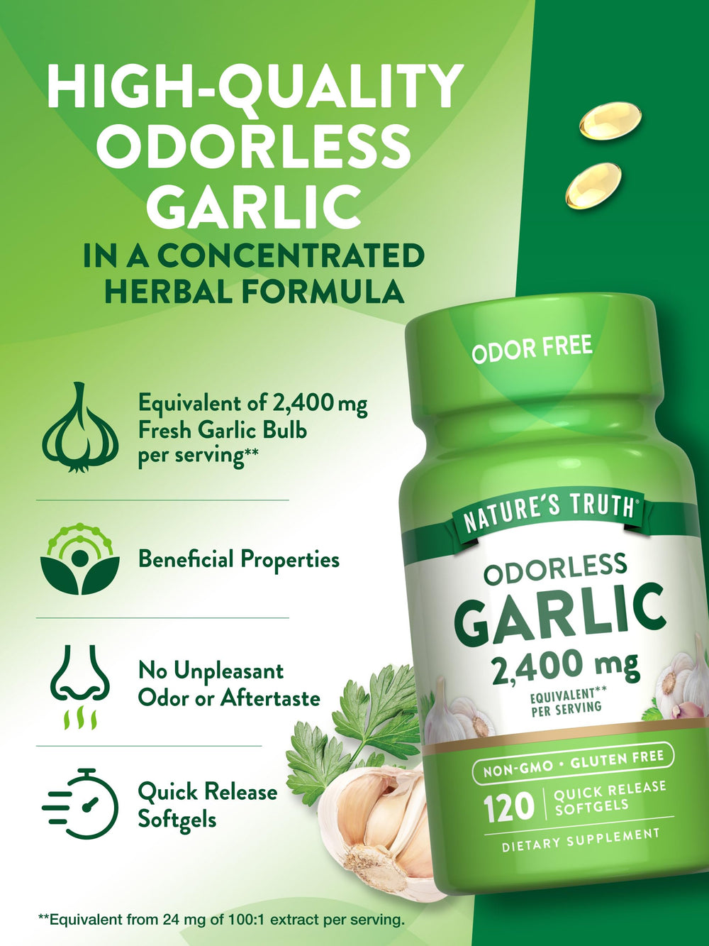 Non-GMO label on Nature's Truth Odorless Garlic packaging
