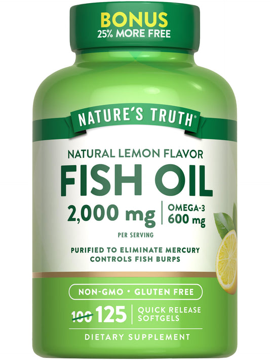 Front view of Nature's Truth Omega-3 Fish Oil 2000 mg bottle with 125 lemon-flavored softgels