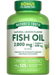 Front view of Nature's Truth Omega-3 Fish Oil 2000 mg bottle with 125 lemon-flavored softgels