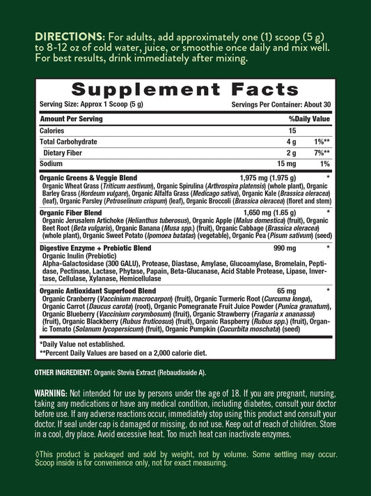 Close-up of product label highlighting 20+ organic superfoods and vegan, gluten-free claims