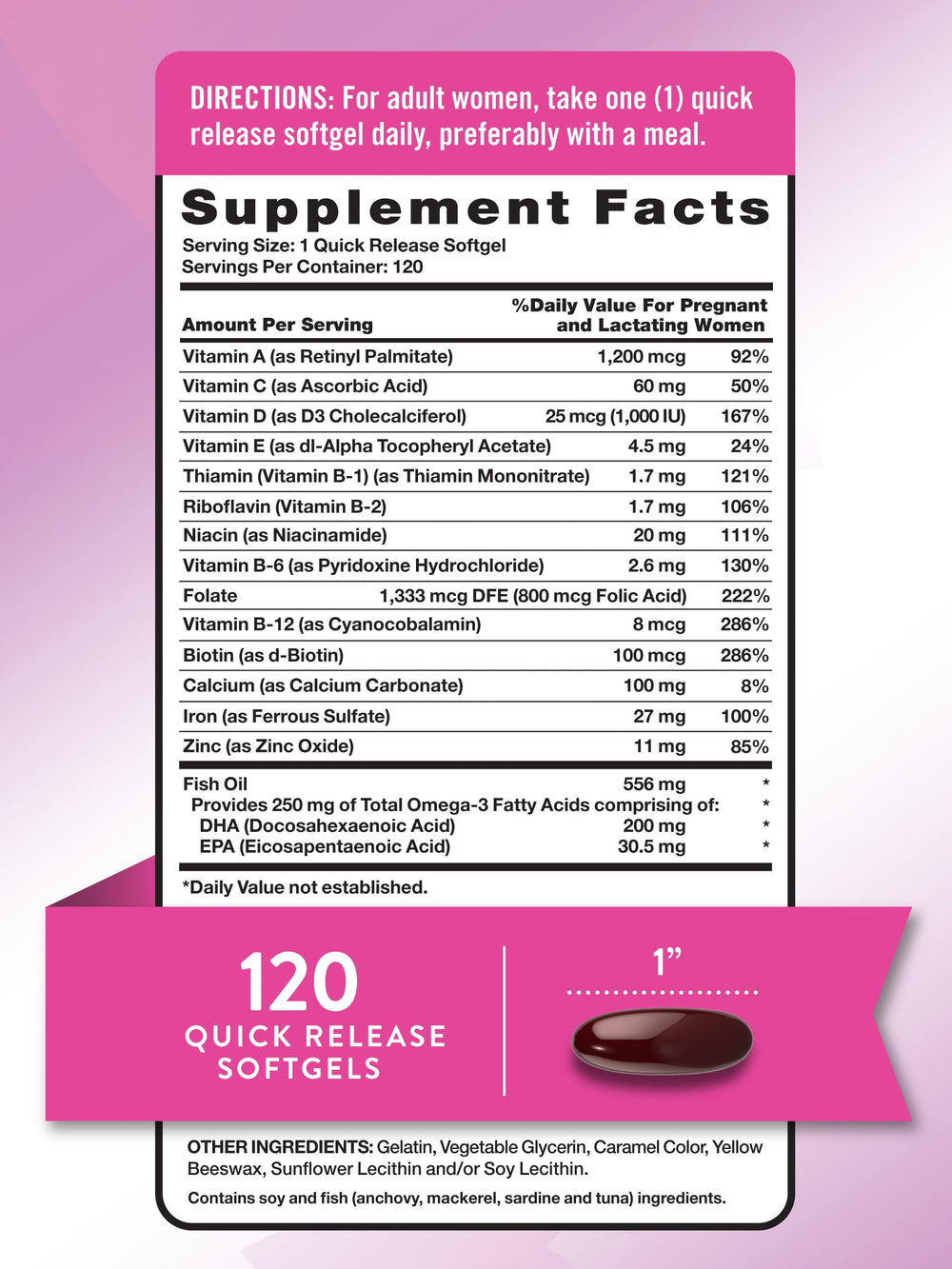 Close-up of Nature's Truth Prenatal Vitamin label showing DHA and Folic Acid