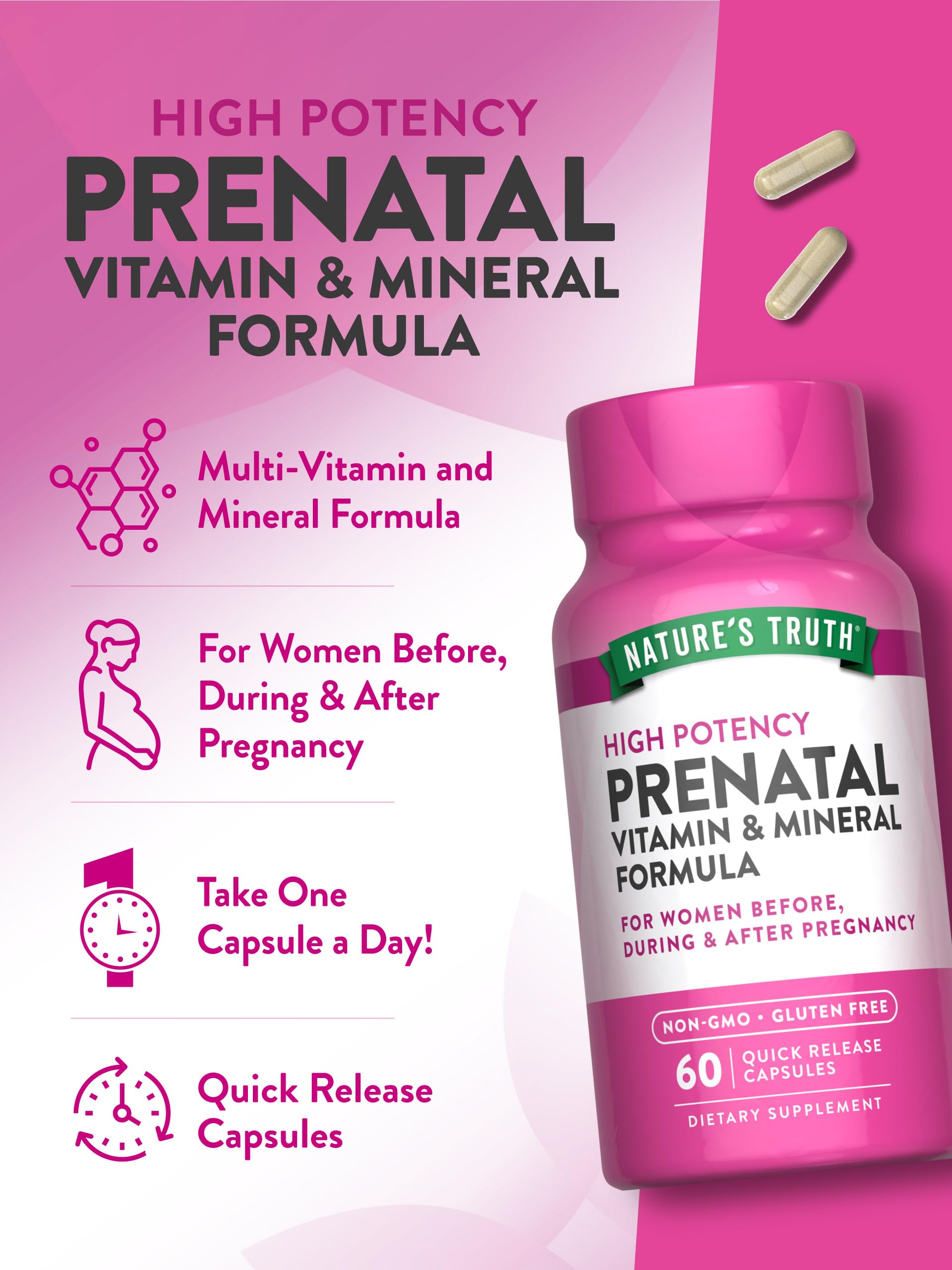 Front view of Nature's Truth prenatal vitamins bottle