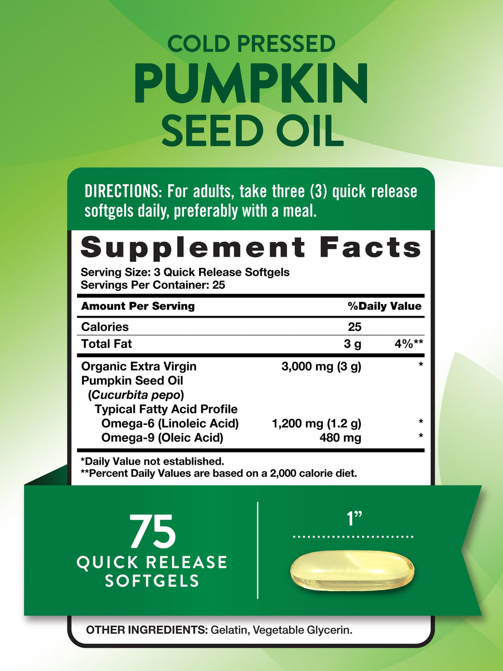 Softgels in bottle illustrating cold-pressed oil