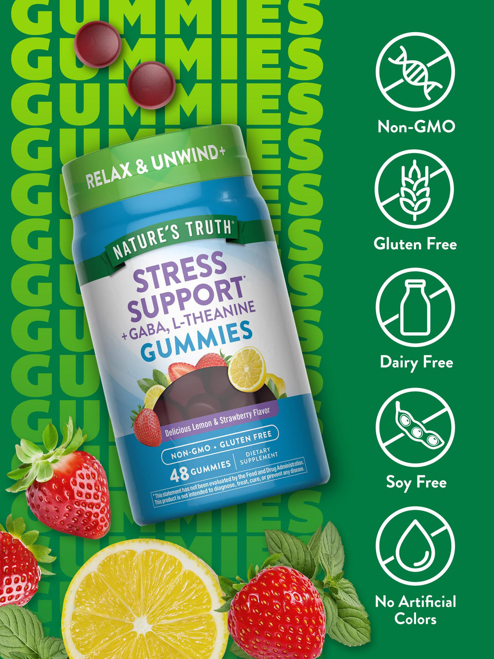 Close-up of Nature's Truth Stress Relief Gummies label