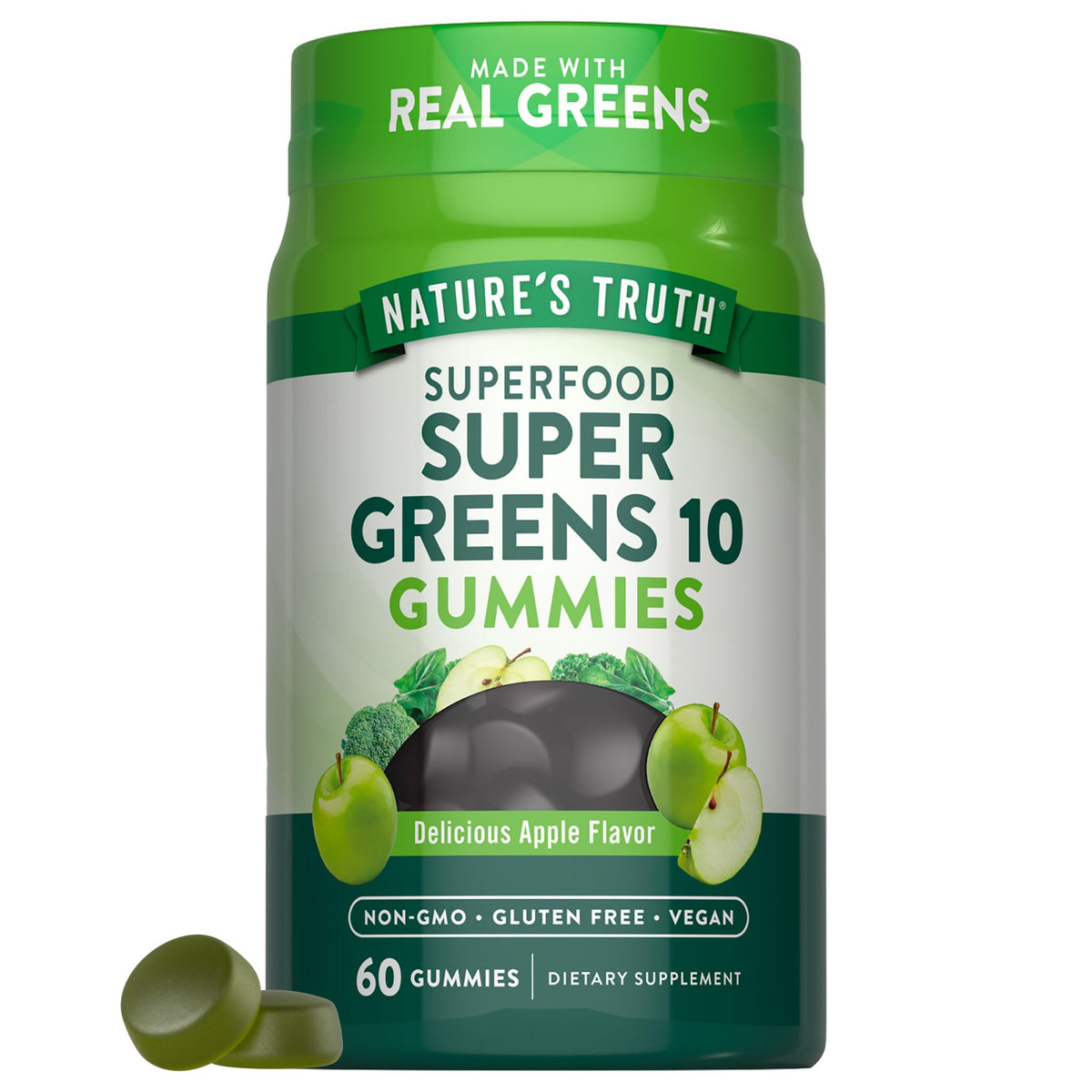 Nature's Truth Super Greens Gummies bottle; vegan, gluten-free daily support.