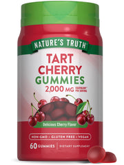 Bottle of Nature's Truth Tart Cherry Gummies with two gummies on a white background