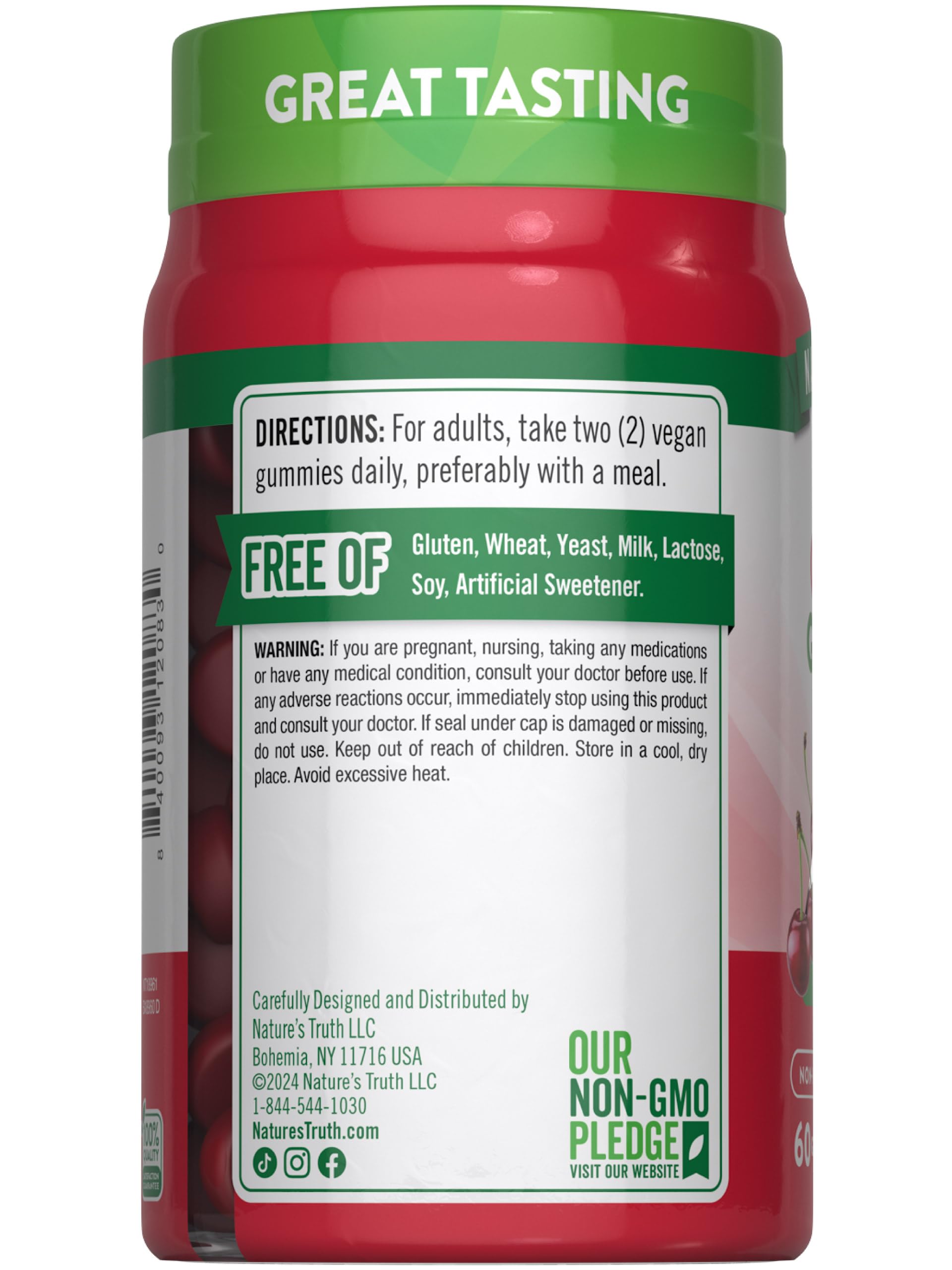 Nutrition facts label for Nature's Truth Tart Cherry Gummies
