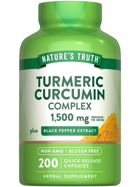 Bottle of Nature’s Truth Turmeric Curcumin Complex 1500mg 200 capsules with label