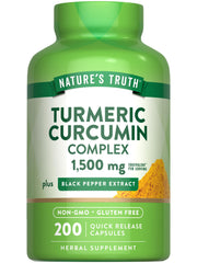 Bottle of Nature’s Truth Turmeric Curcumin Complex 1500mg 200 capsules with label