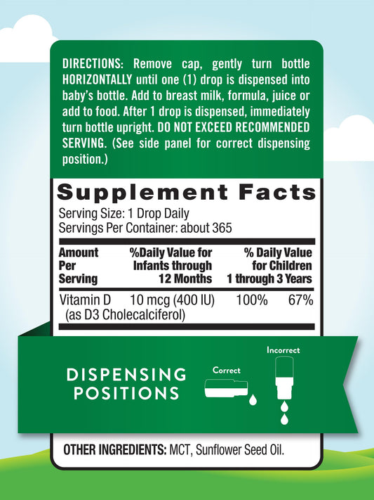 Close-up of the vitamin D3 dropper dispensing a drop