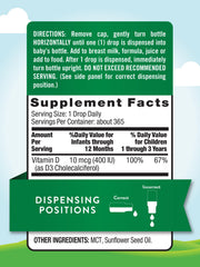 Close-up of the vitamin D3 dropper dispensing a drop