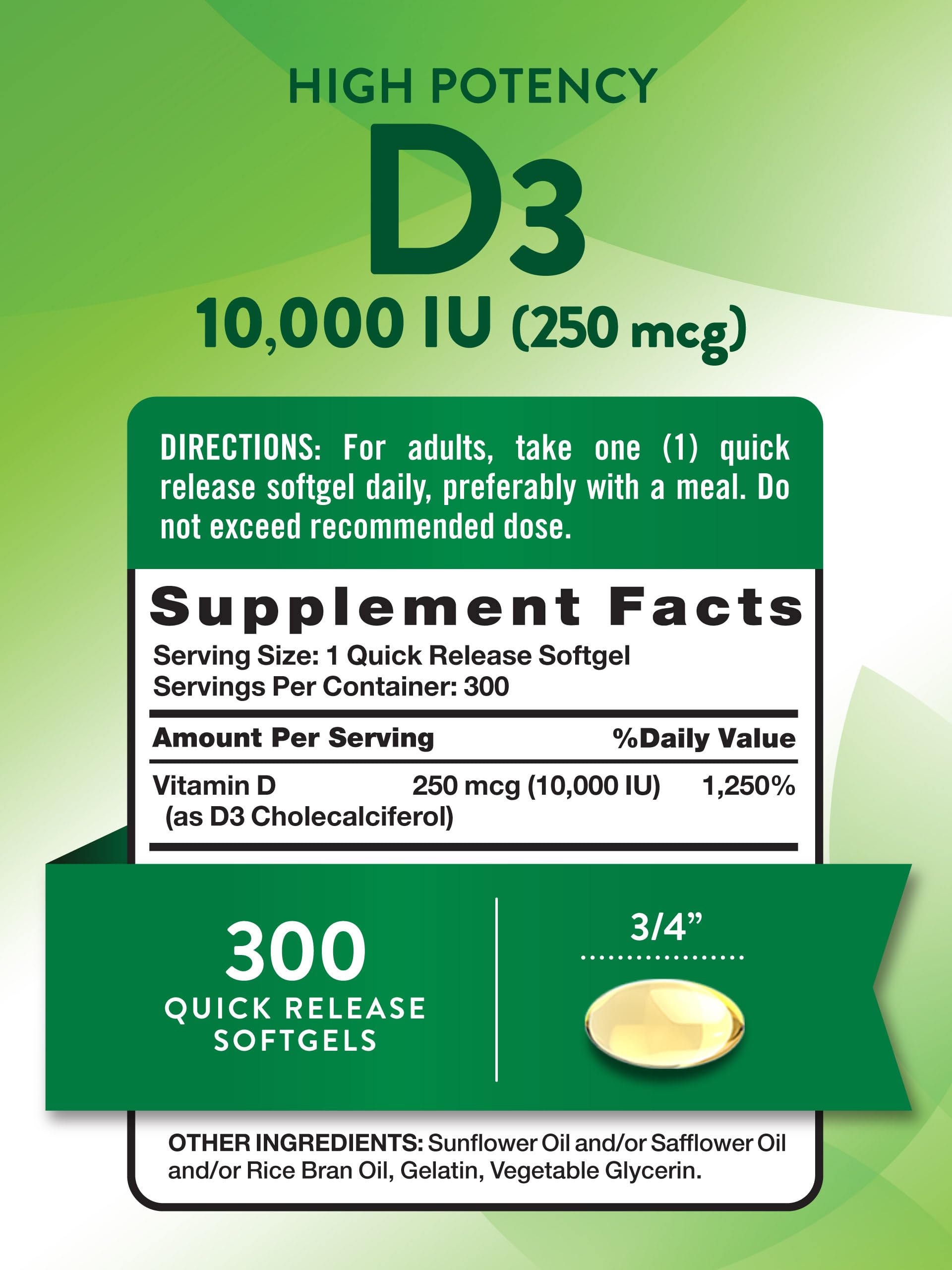Close-up of Vitamin D3 10000 IU softgels bottle label
