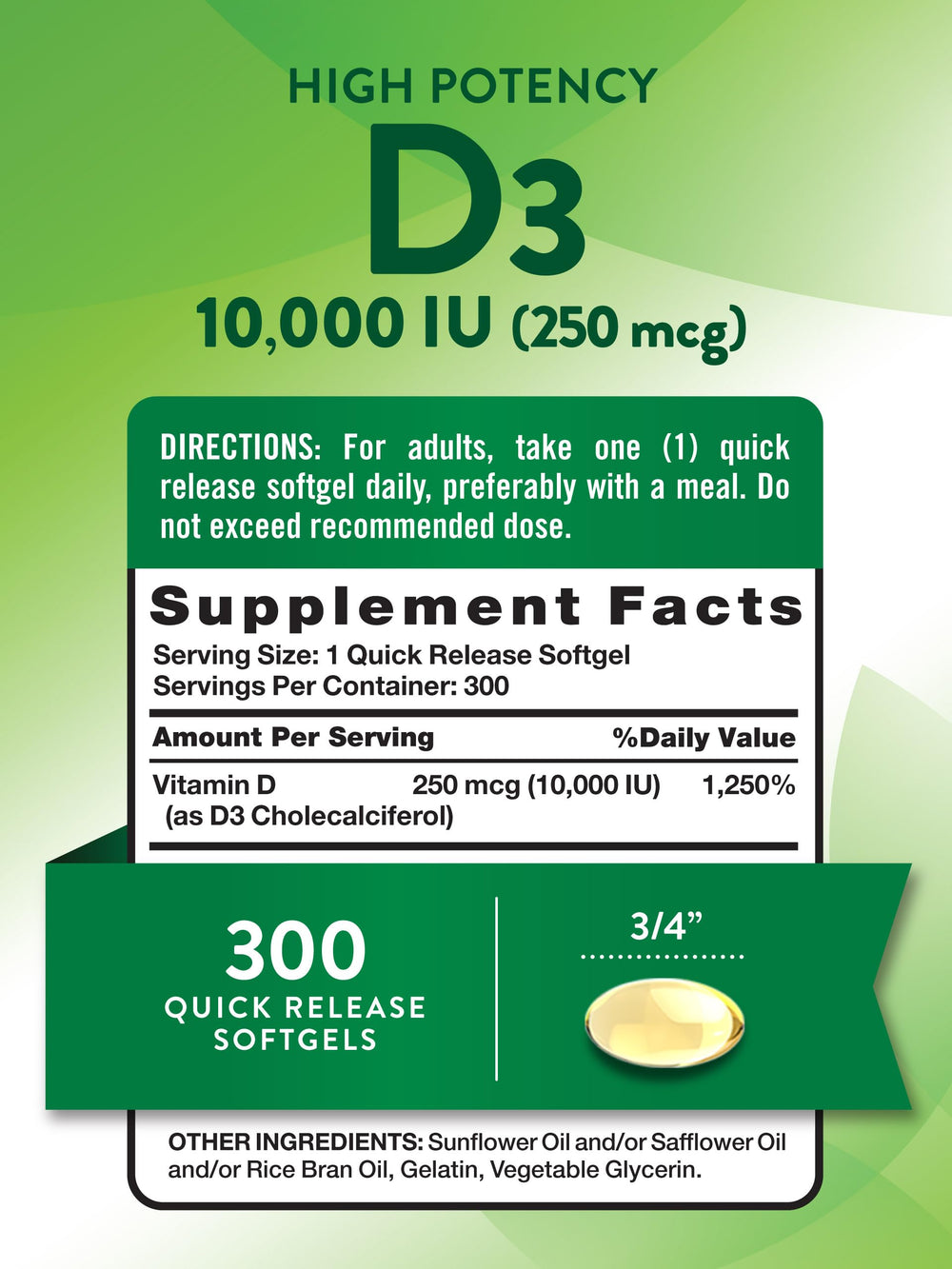 Close-up of Vitamin D3 10000 IU softgels bottle label