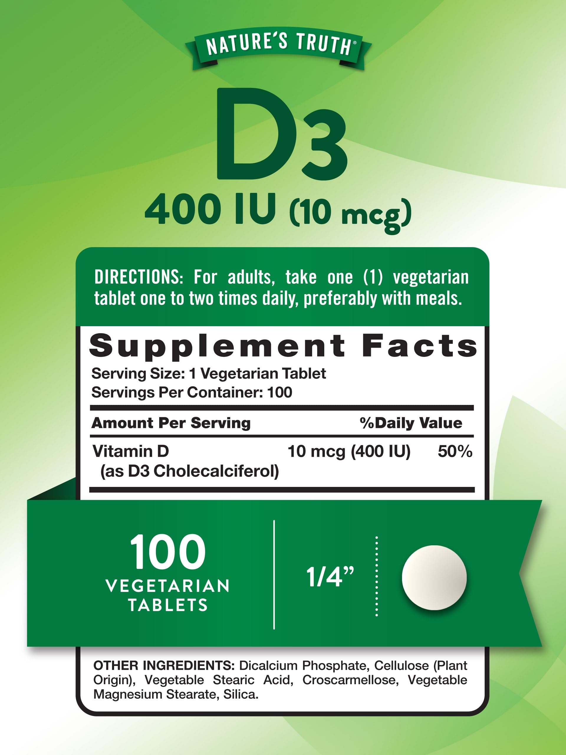 Back of Nature's Truth Vitamin D3 bottle with supplement facts