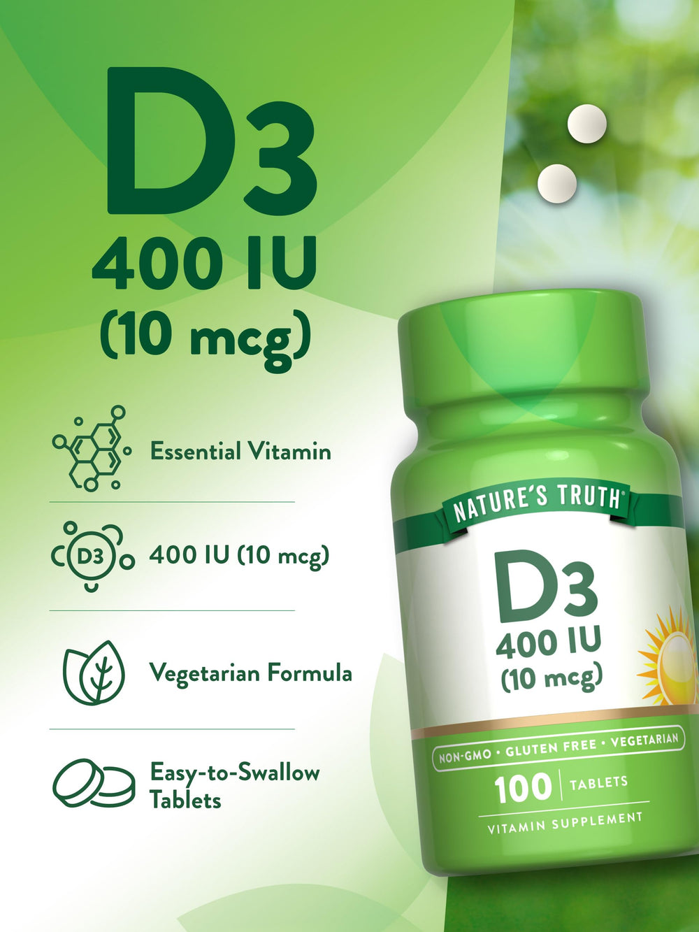 Gluten-free non-GMO labeling on Nature's Truth Vitamin D3 bottle