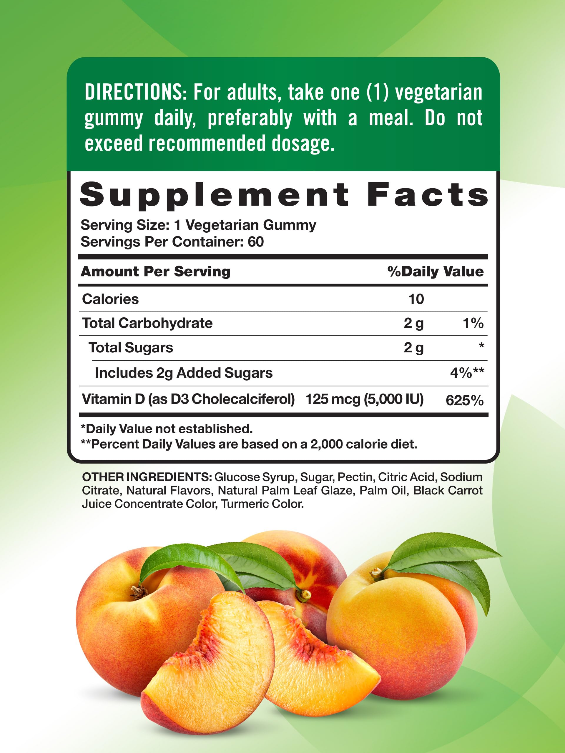 Back label with nutrition information for Nature's Truth Vitamin D3 Gummies Peach flavor, 60-count bottles
