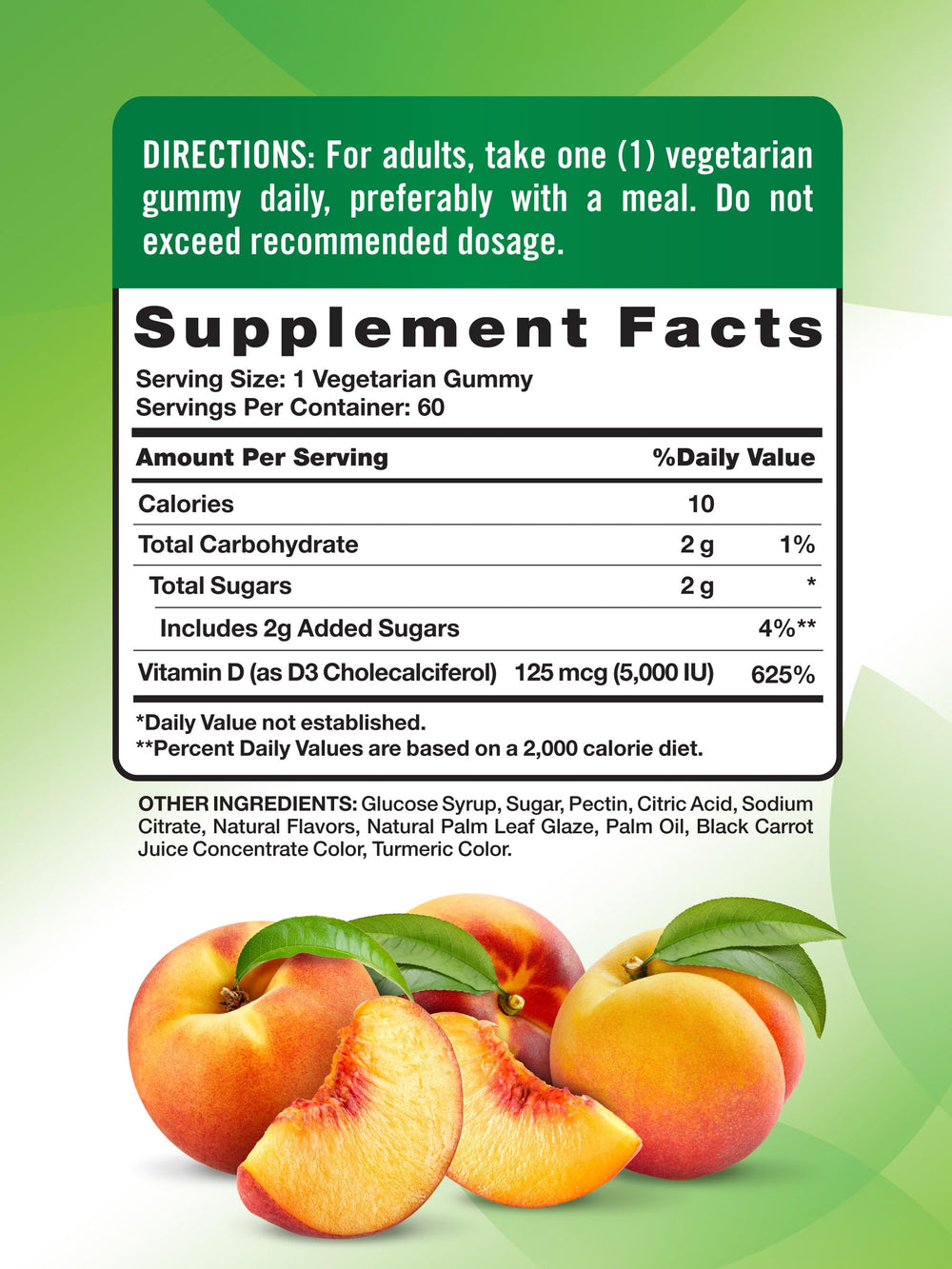 Back label with nutrition information for Nature's Truth Vitamin D3 Gummies Peach flavor, 60-count bottles