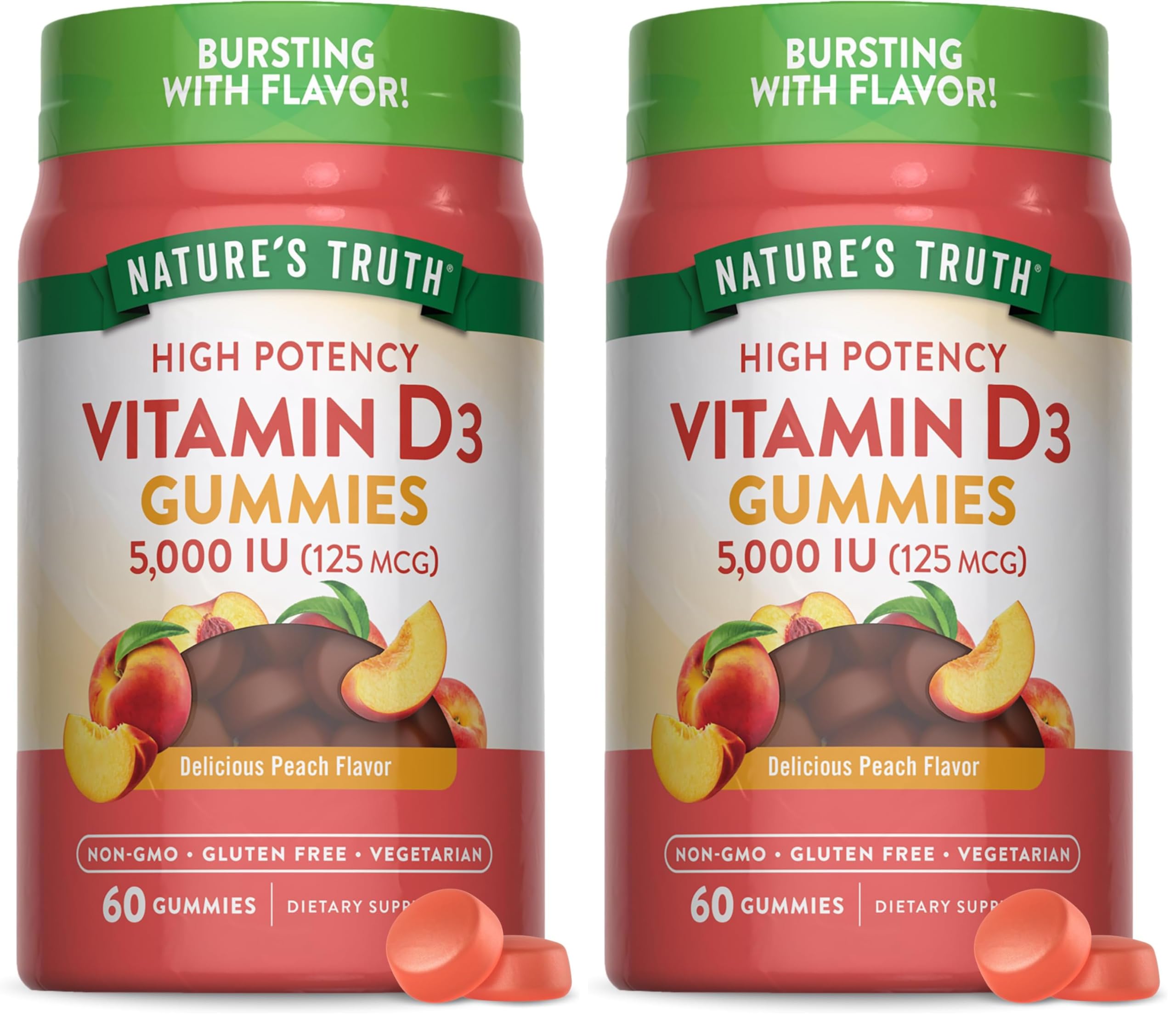 Front view of Nature's Truth Vitamin D3 Gummies Peach flavor, 60-count per bottle, pack of 2
