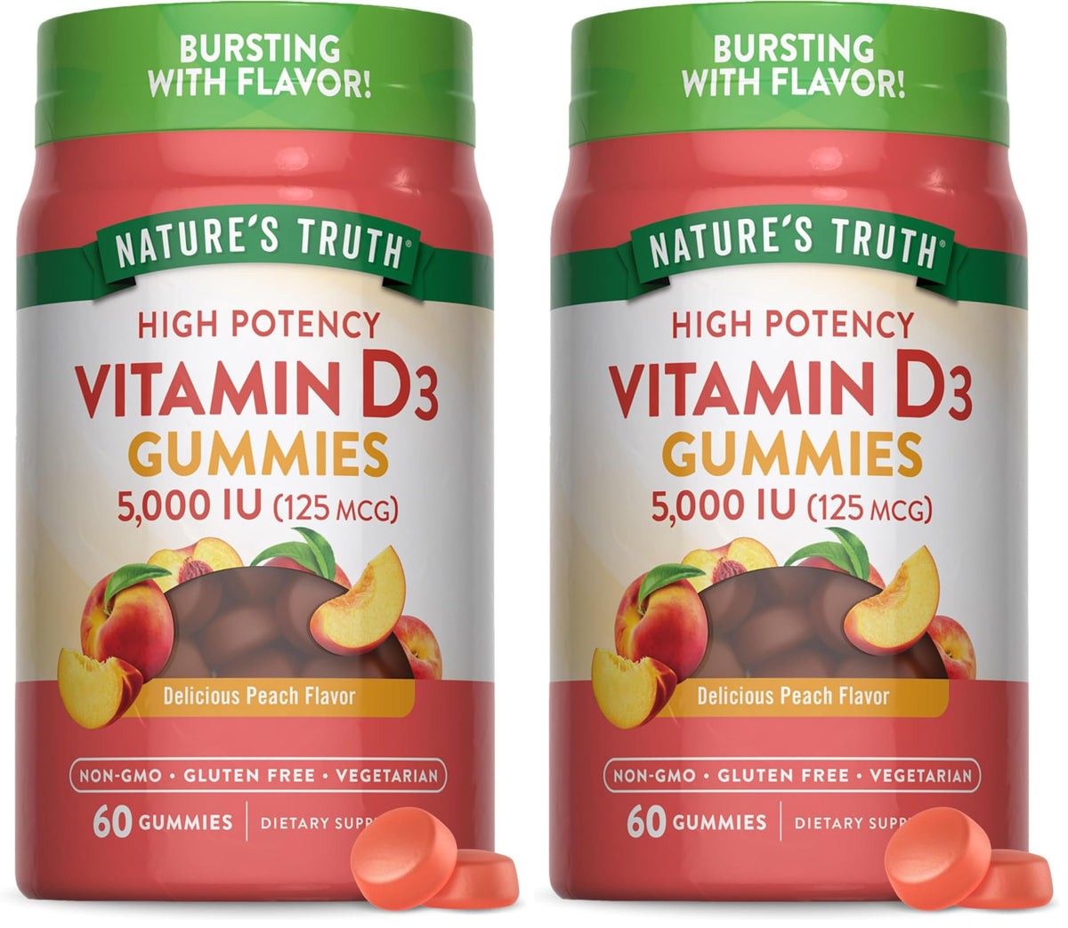 Front view of Nature's Truth Vitamin D3 Gummies Peach flavor, 60-count per bottle, pack of 2