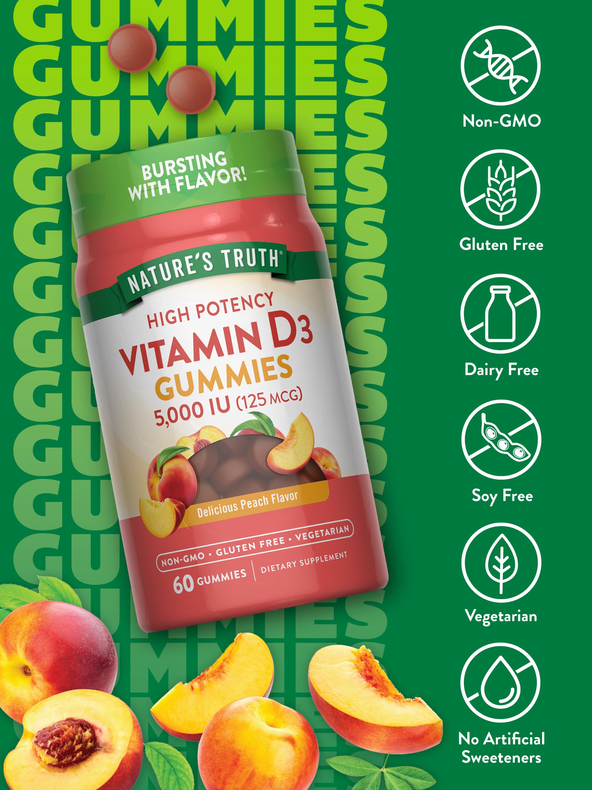 Ingredients panel showing peach-flavored vegetarian Vitamin D3 Gummies