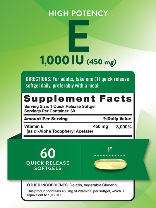 Close-up of Vitamin E 1000 IU label on bottle